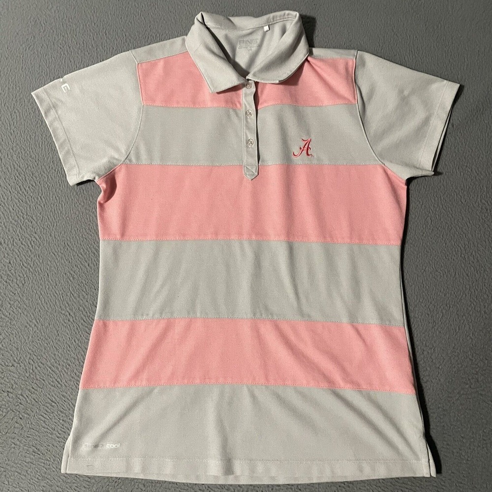 Ping University of Alabama Golf Polo Shirt Striped Pink Gray Women's Size‎ Large
